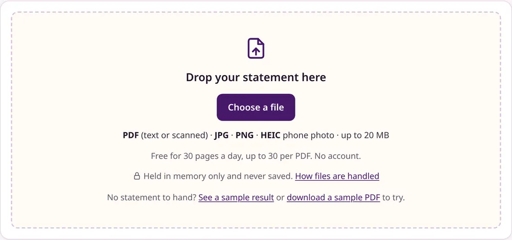 DocFig upload box for converting a PDF bank statement, accepting PDF, JPG, PNG and HEIC files up to 20 MB